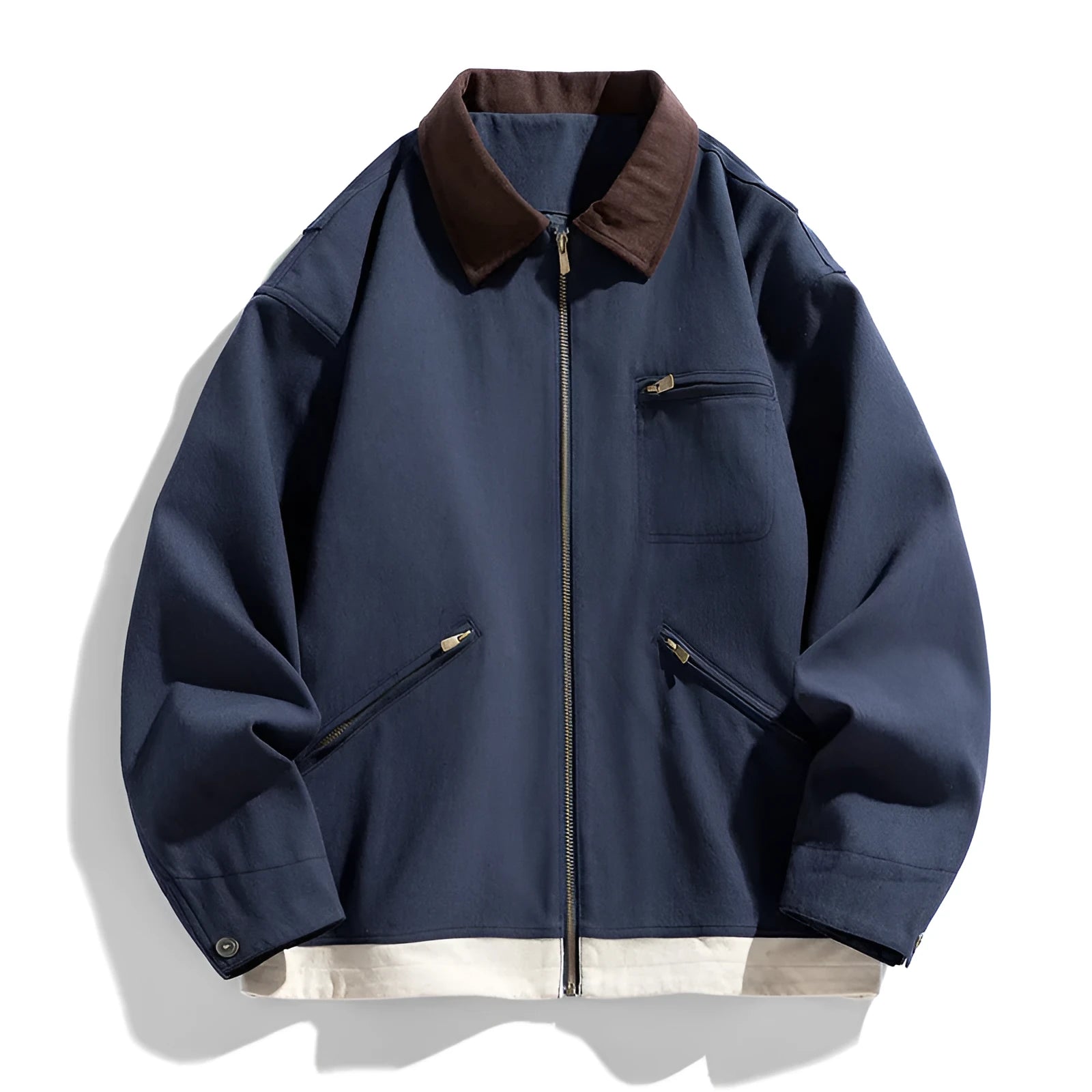 Korean-style loose fit couple jacket with contrast colour lapels and side seam pockets in polyester fabric