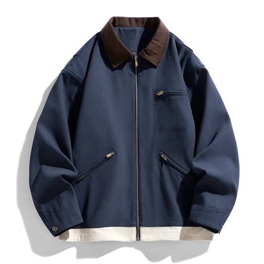 Korean-style loose fit couple jacket with contrast colour lapels and side seam pockets in polyester fabric