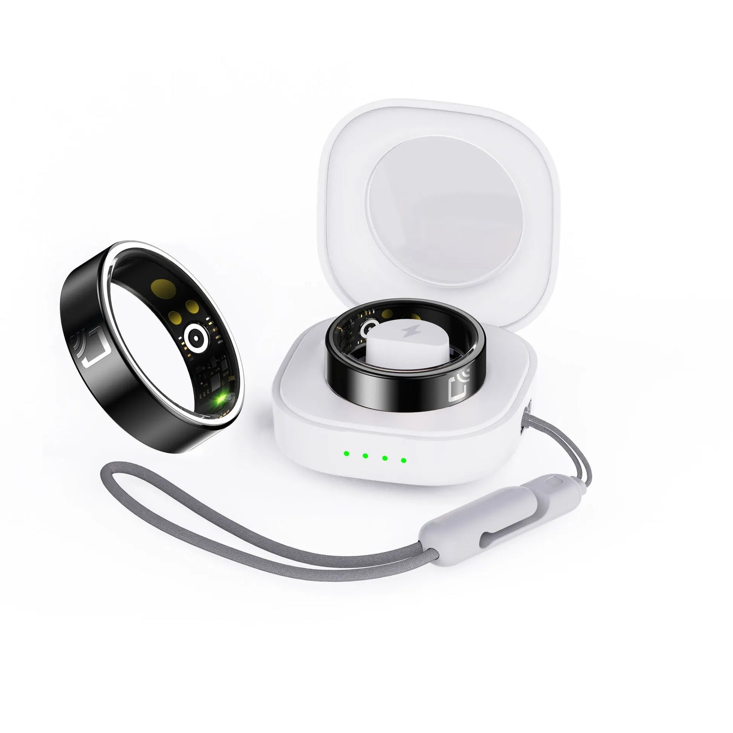 Black ceramic smart ring on a finger, showing health monitoring features for heart rate and blood oxygen tracking
