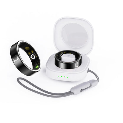 Black ceramic smart ring on a finger, showing health monitoring features for heart rate and blood oxygen tracking