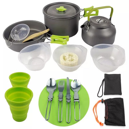 Lightweight folding outdoor cookware set for camping and hiking, includes pot, pan, teapot, and tableware