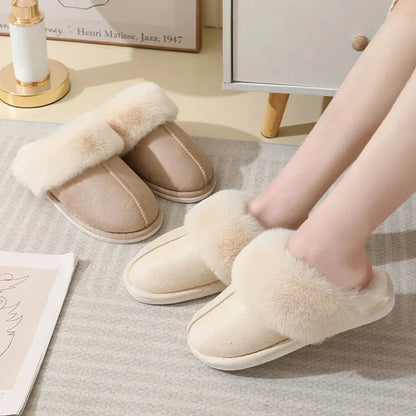 Cozy plush house slippers for women in various colors, featuring soft, warm, and non-slip design