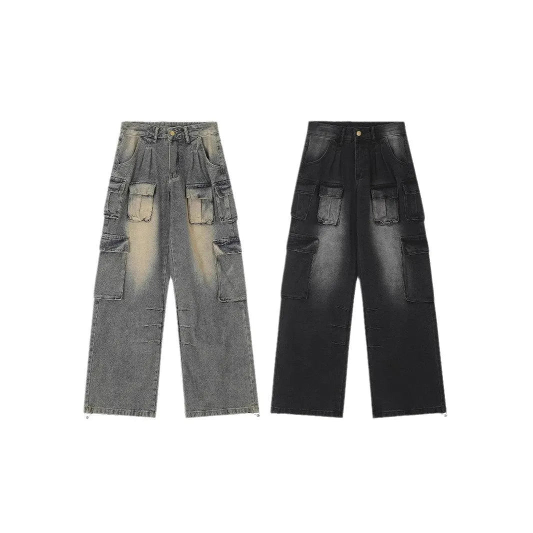 Loose multi-pocket distressed denim pants in light blue and black on a size chart.