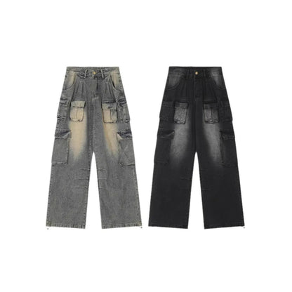 Loose multi-pocket distressed denim pants in light blue and black on a size chart.