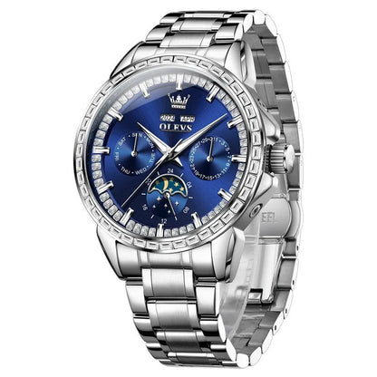 Men's automatic mechanical watch with diamond dial, stainless steel case, and transparent back showing movement