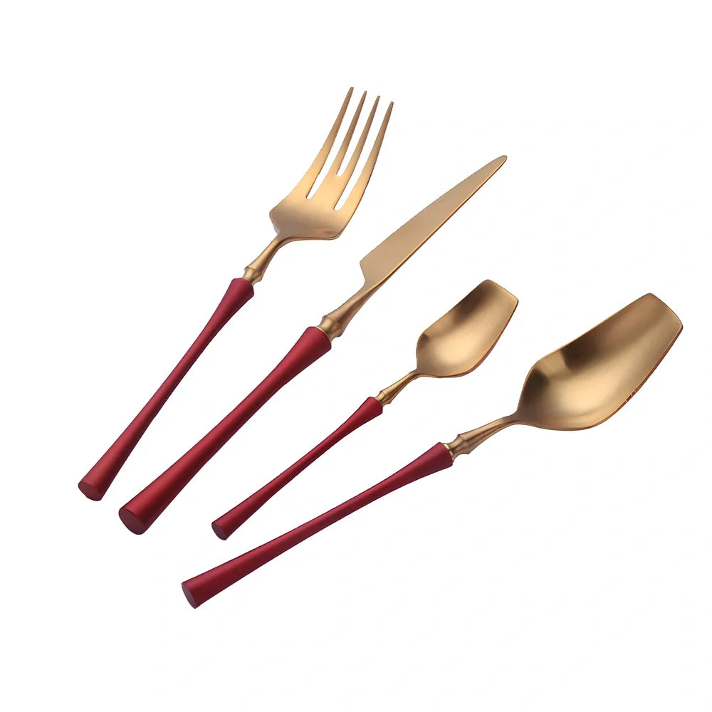 Four-piece stainless steel cutlery set showing main knife, fork, spoon, and teaspoon with mirror finish