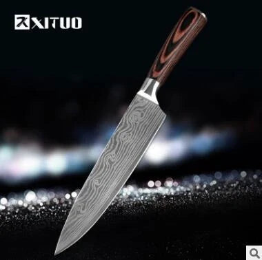 Premium 8-Piece Stainless Steel Chef Knife Set with Elegant Damascus Pattern Blades and Ergonomic Handles