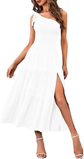 Stunning one-shoulder dress with pleated, asymmetrical hemline and side slits