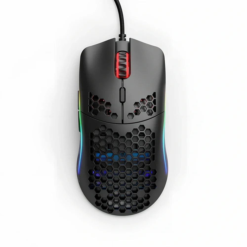 Black matte gaming mouse with hole design showing RGB lighting and ergonomic shape for right-handed use