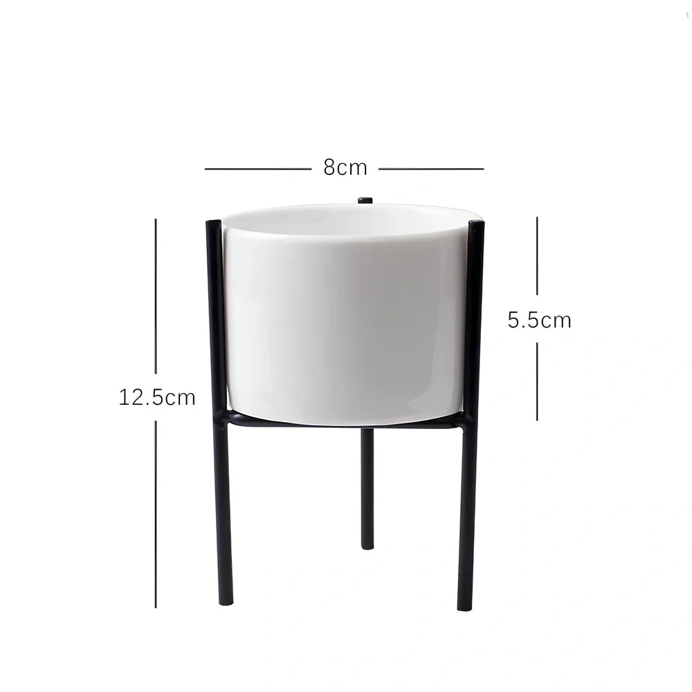 Black iron frame succulent flowerpot with white ceramic insert showing 12.5cm and 16.5cm size options
