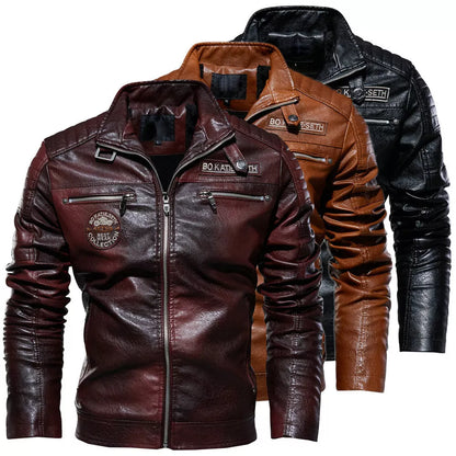 Men's black PU leather jacket with cotton lining, adjustable for diverse fits