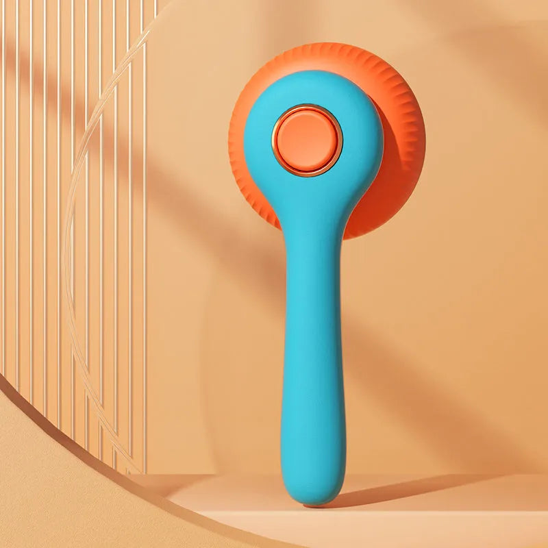 Blue and white self-cleaning pet grooming brush with massage function for cats and dogs.