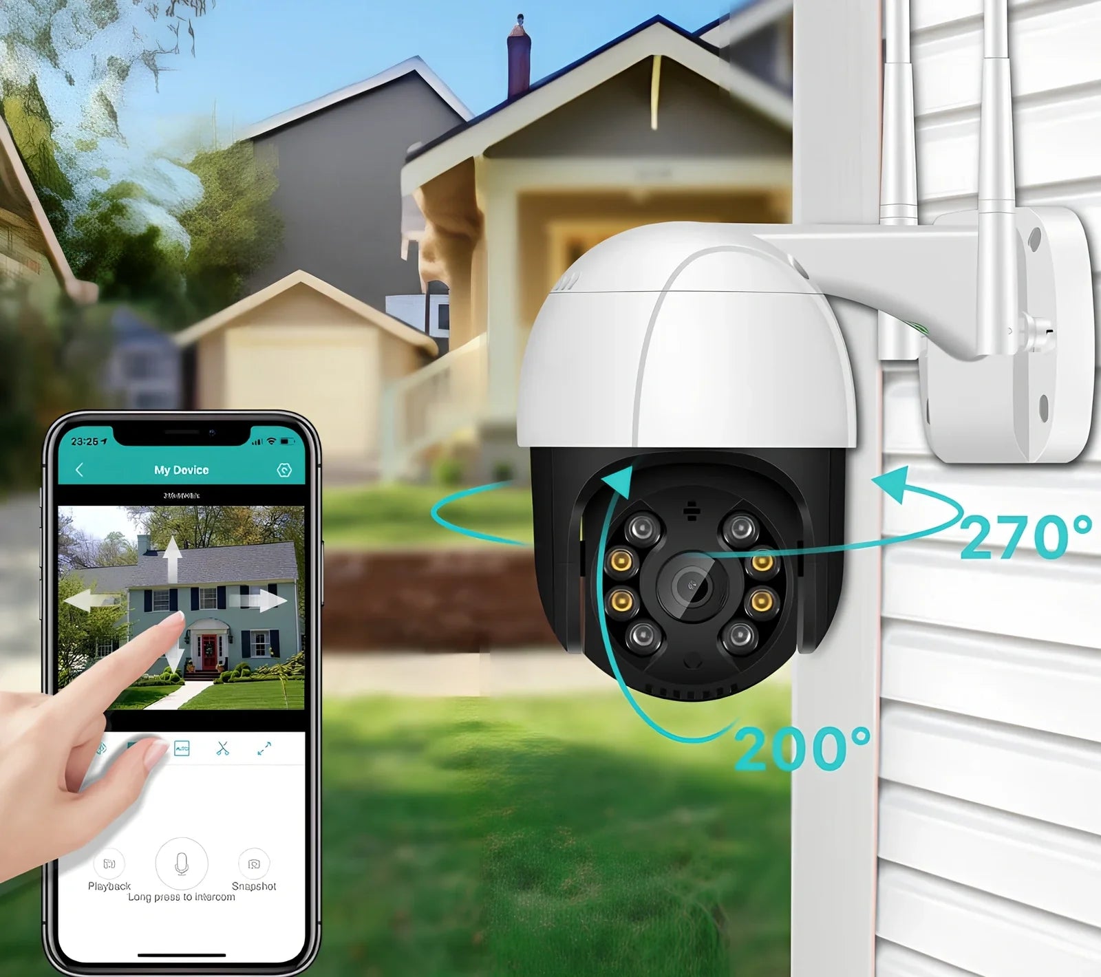 White wireless PTZ surveillance camera with dual antennas and rotational base for 270-degree coverage