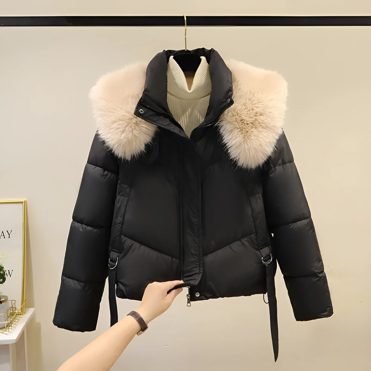 Women's short cotton-padded jacket with stand-up collar in claret, brown, black, or white colours