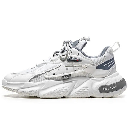 Men's low top casual pumps with 3-5cm mid heel, round toe, rubber sole, in white orange, white grey, or white blue.