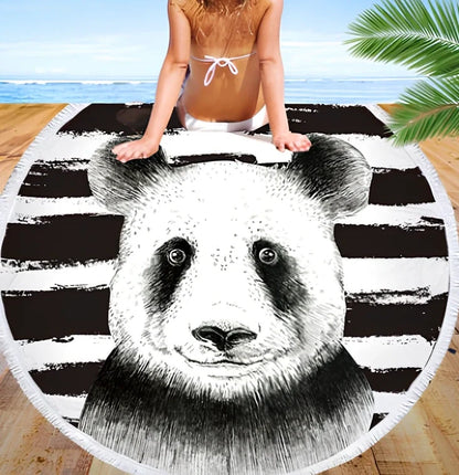 Round blue beach towel with panda design showing 140cm diameter and cushion roll function