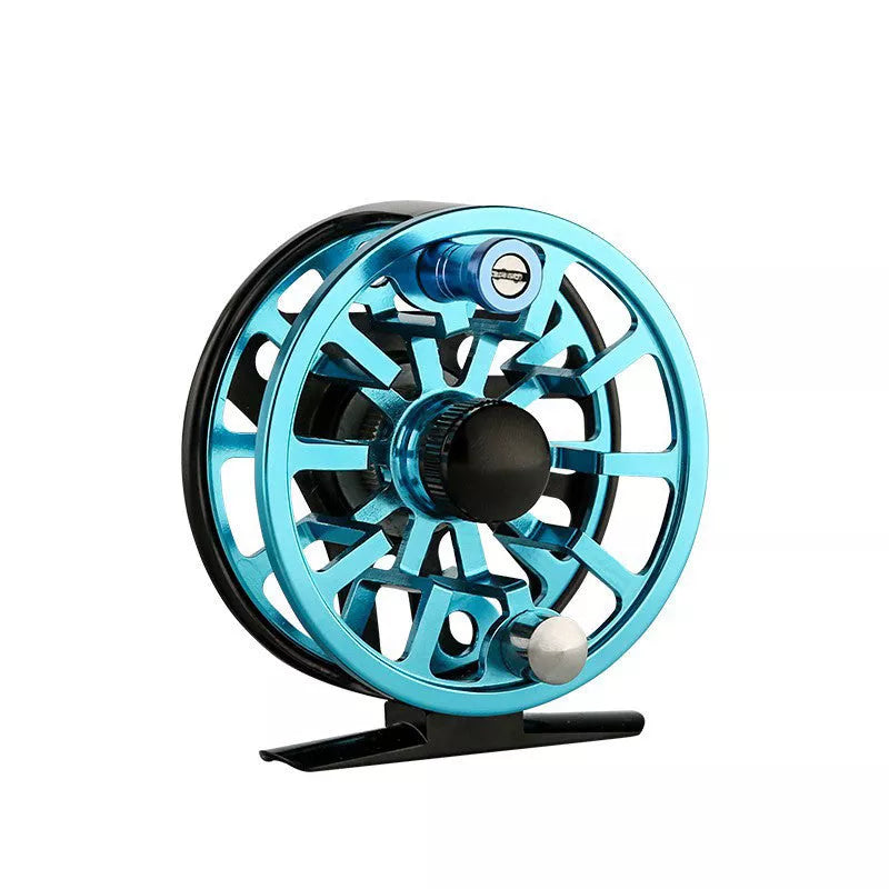 Fly fishing wheel with aluminum coil in blue, black, or green for precision casting