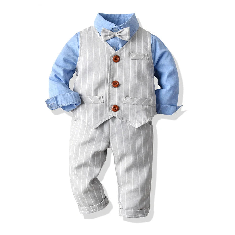 Three-piece baby boy suit with white shirt, striped vest, and trousers in cotton fabric