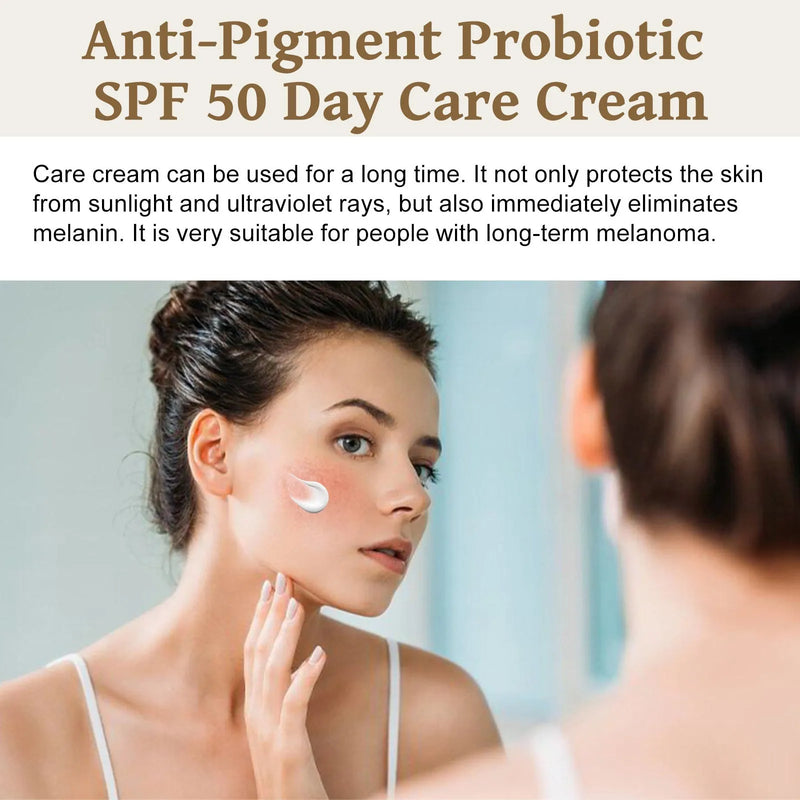 Probiotics protective cream with brightening and colour isolation properties, 50g tube containing probiotics, asiatic centella extract, marigold extract, vitamin C, vitamin E and titanium dioxide for skin protection and tone evening