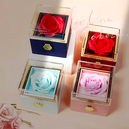 Rotating soap flower rose gift box with jewelry drawer in red, blue, lake blue, or pink