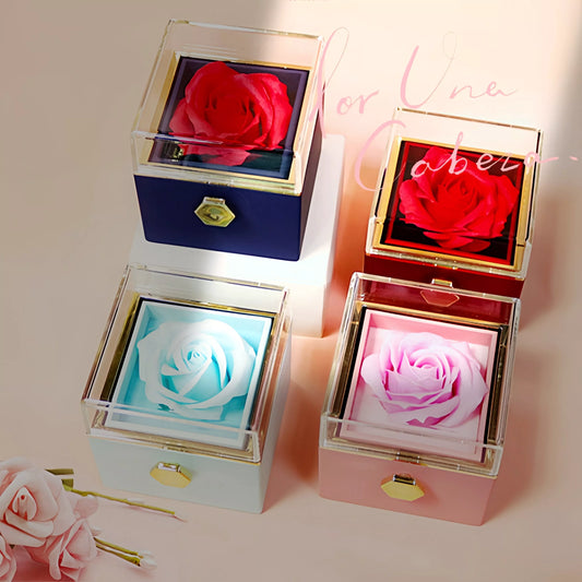 Rotating soap flower rose gift box with jewelry drawer in red, blue, lake blue, or pink