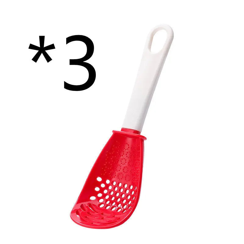 Red plastic multifunctional cooking spoon with serrated edge for grinding and half-enclosed scoop design