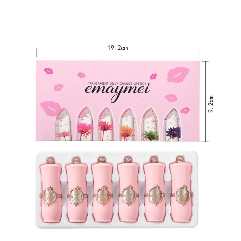 Jelly Flower Lipstick Set with six color-changing, flower-infused lipsticks