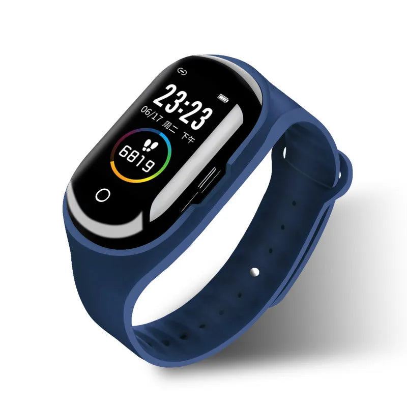 Blue, black, or red silicone smart bracelet with earphones for Android, showing 1-inch screen.