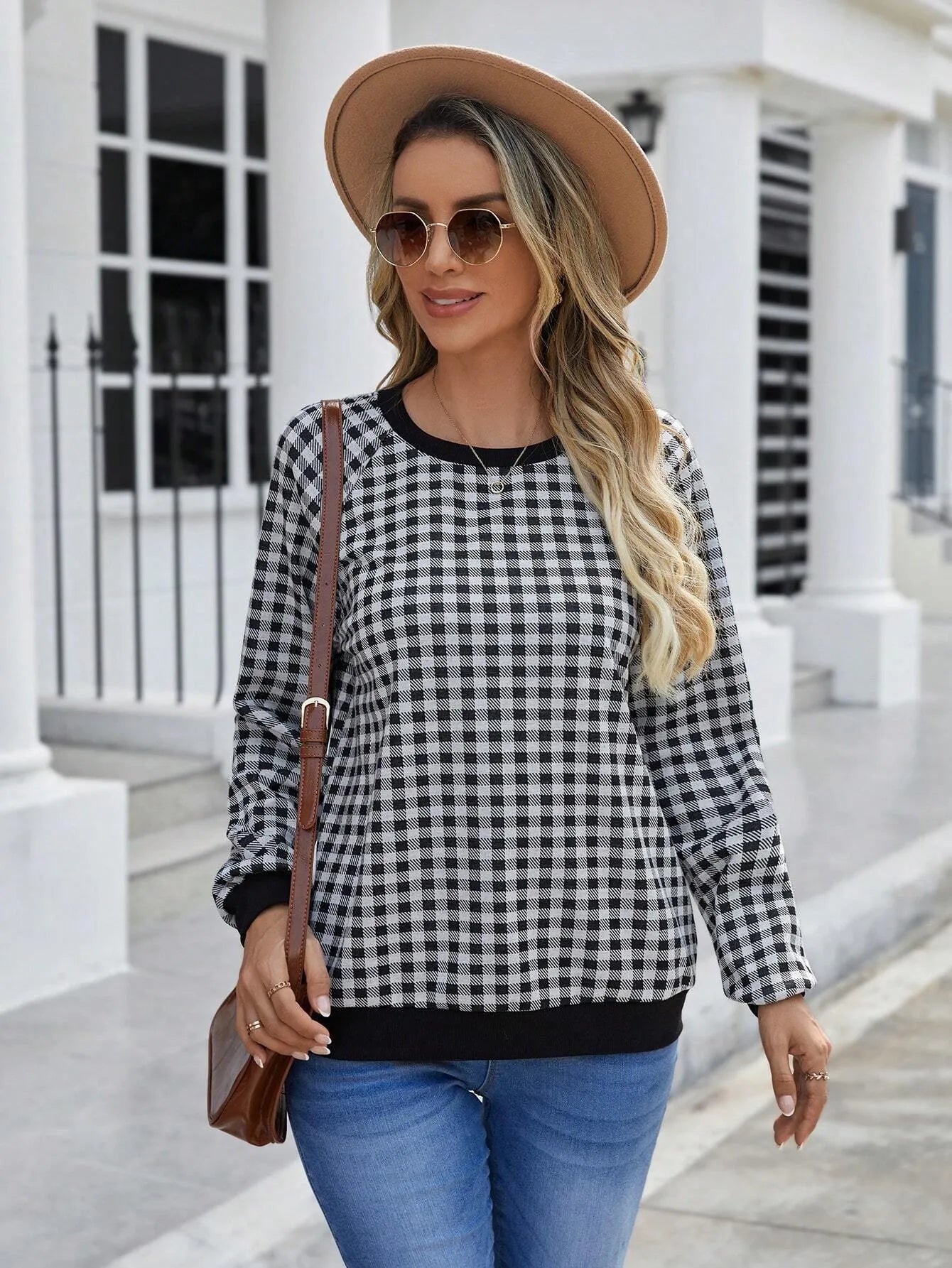 Black plaid long sleeve pullover sweater with printing, sizes S to XXL