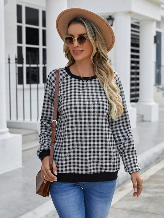 Black plaid long sleeve pullover sweater with printing, sizes S to XXL