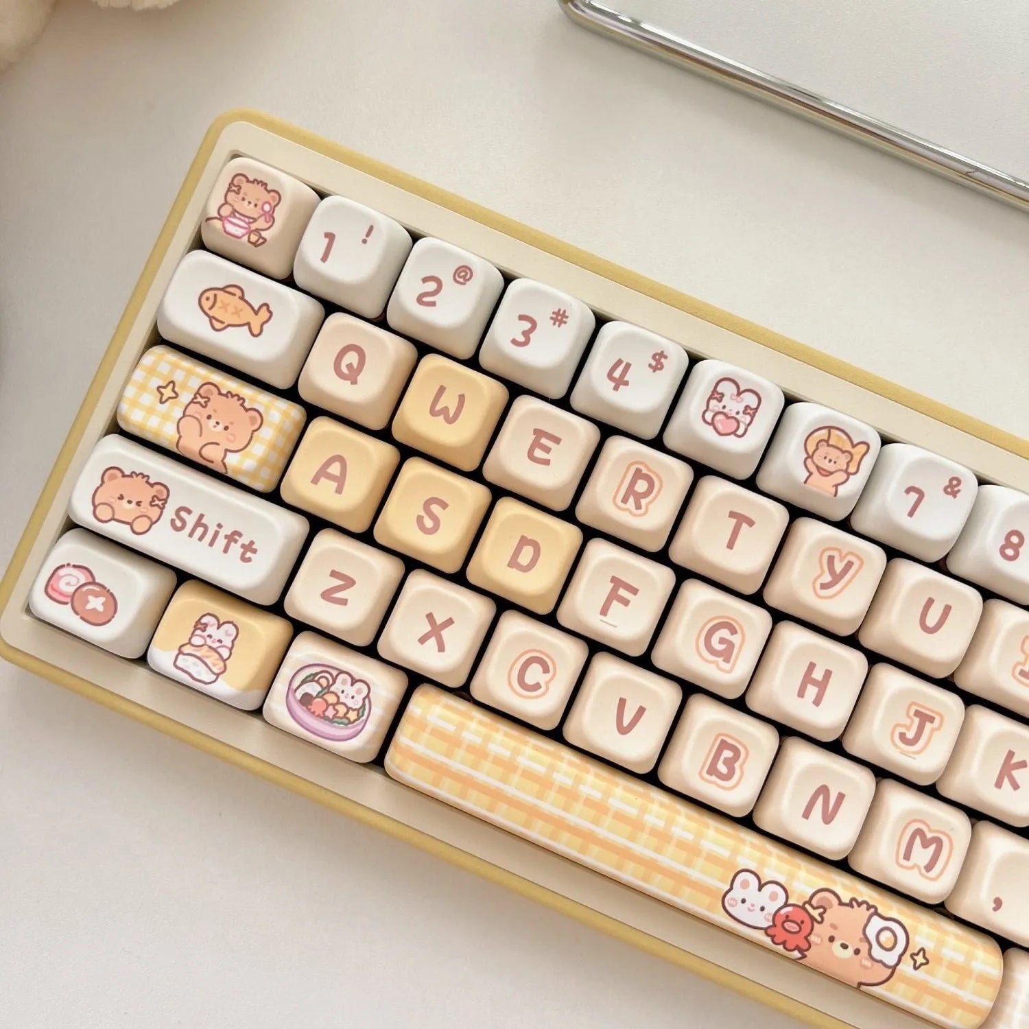EOA height PBT keycap set with 140 pieces showing rabbit bear restaurant design applied through thermal sublimation process