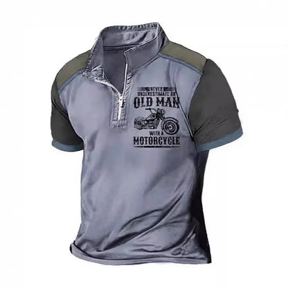 Men's casual polo shirt with digital letter printing and zipper decorations in polyester fibre
