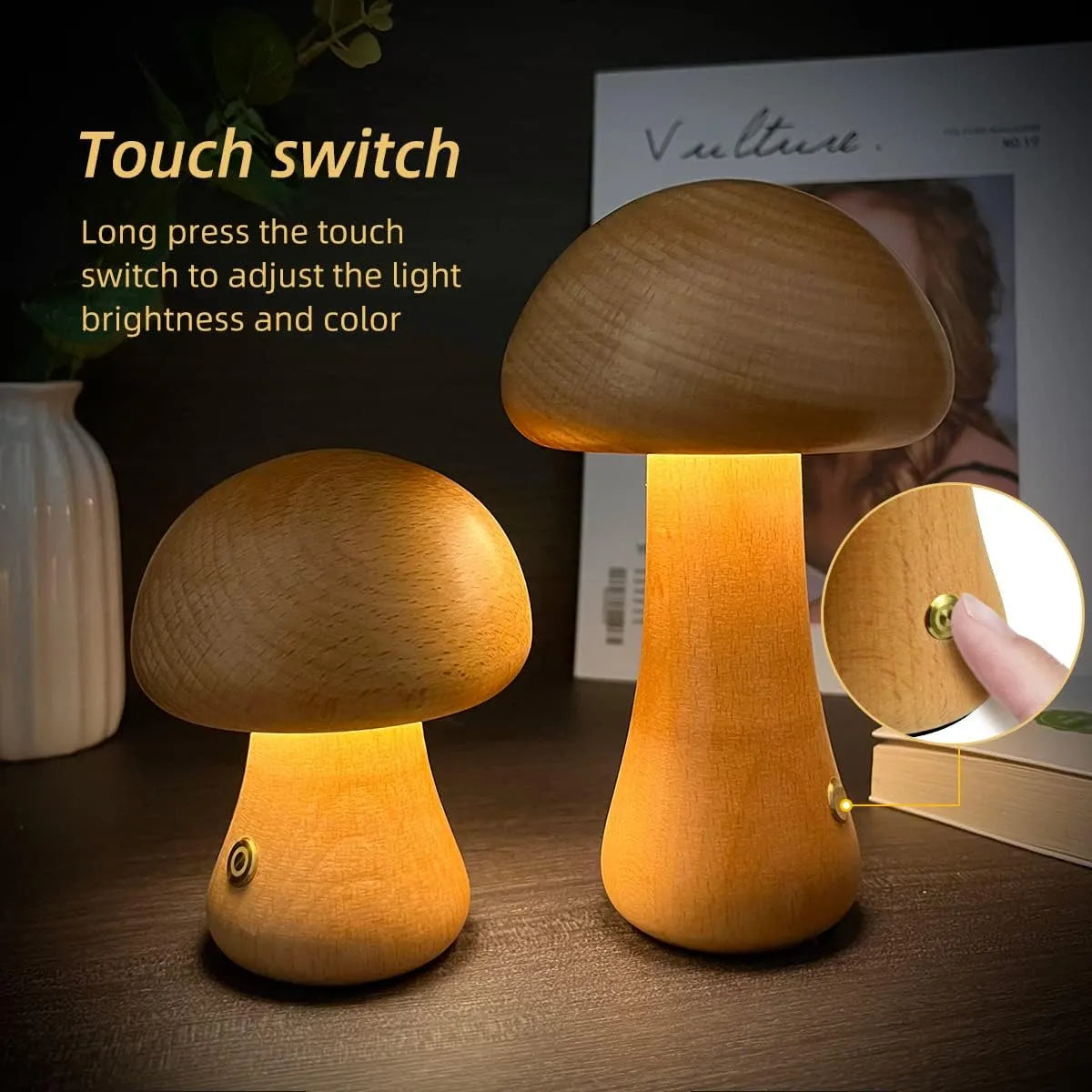 Wooden mushroom LED night light with touch switch, 165 x 100mm, in beech or walnut colour for bedside table use