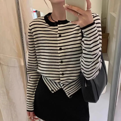 Women's dark grey cardigan with white stripes, 40cm length, free size slim fit, viscose spandex blend