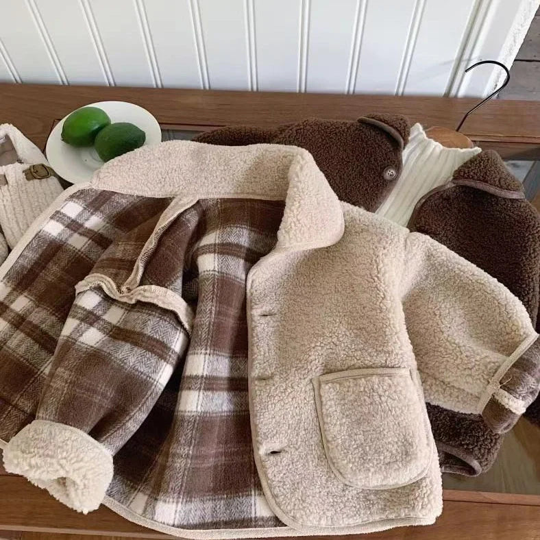 Children's beige one-piece velvet jacket with single-breasted closure showing polyester lining