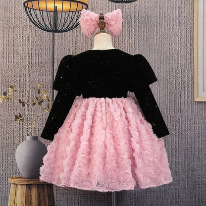 Piano performance dress in princess style with Bohemian elements, available in short and long sleeve versions