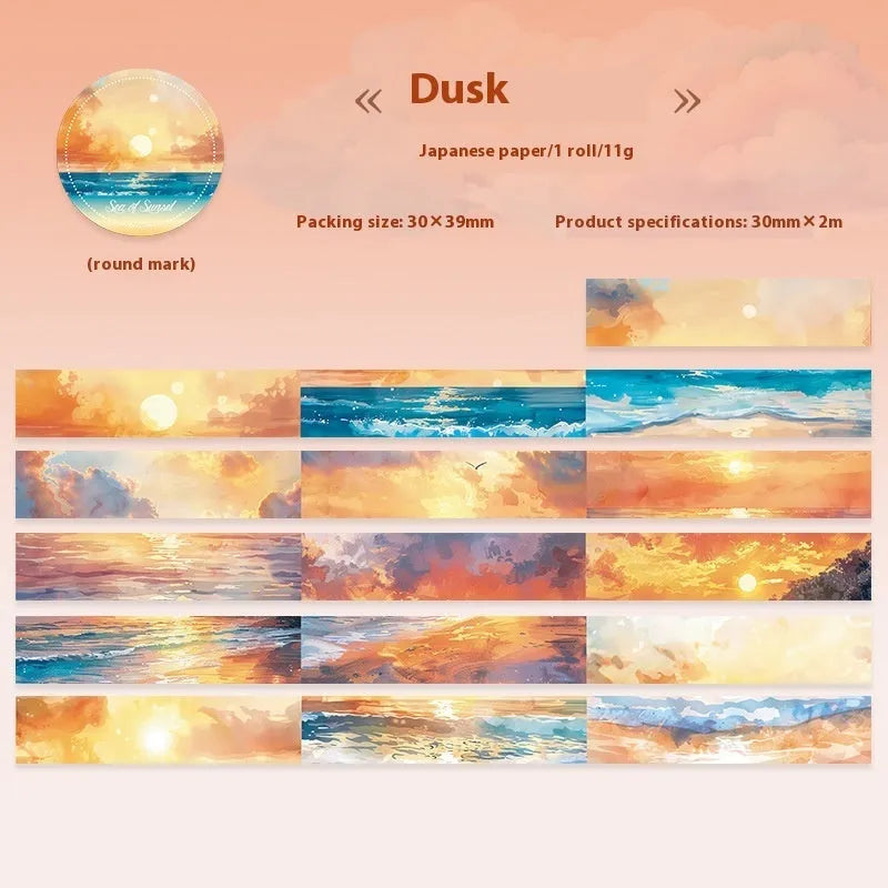 Roll of Japanese paper sky theme washi tape showing colourful clouds design, 30mm width
