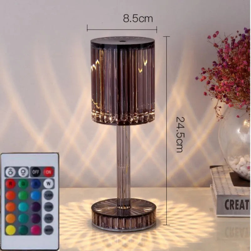 Crystal table lamp with K9 crystal shade and touch dimmable LED lighting on wooden table