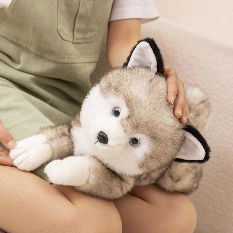 Brown Shiba Inu plush doll in lying position showing super soft short plush texture and natural posture simulation