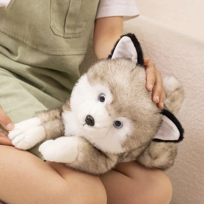 Brown Shiba Inu plush doll in lying position showing super soft short plush texture and natural posture simulation