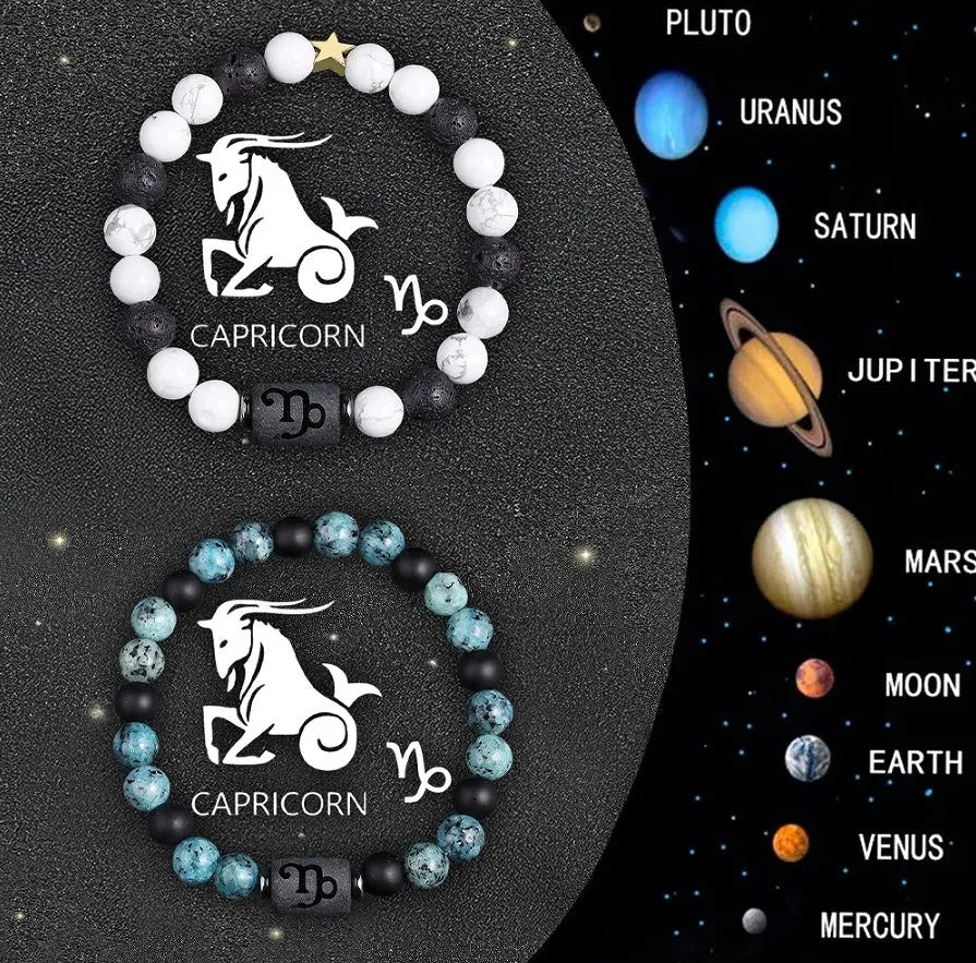 Twelve Zodiac Sign beaded bracelet set with natural stone beads and stainless steel clasp on wrist