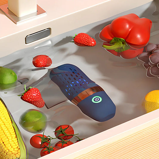 Blue capsule fruit and vegetable cleaner with charger, shows 3000mAh battery capacity