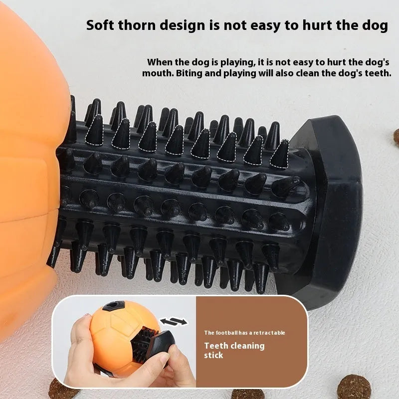 Orange and white TPR dog toy balls, one hollow and one with a teeth cleaning stick, for small dogs