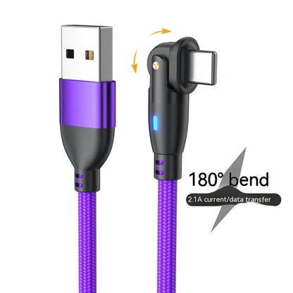 180-degree bendable fast charge USB cable in black, red, and purple