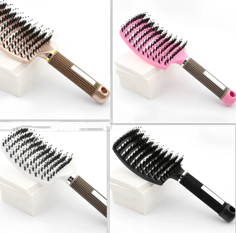 Large curved hairbrush with boar bristles showing 15cm width and natural bristle distribution