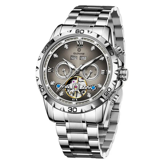 Men's automatic mechanical watch with stainless steel strap and mineral glass face in business style