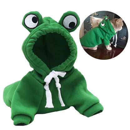 Green frog costume hoodie for a small dog, showing hood with ears and sweatshirt body.