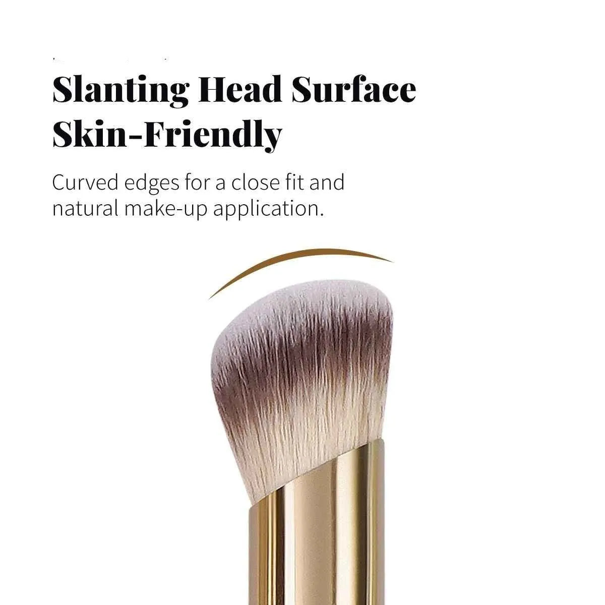 Apricot-coloured angled blush makeup brush and kabuki brush from a 5-piece synthetic bristle set.