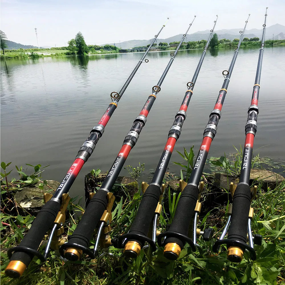 Carbon fiber telescopic fishing rod for sea fishing with metal guide rings