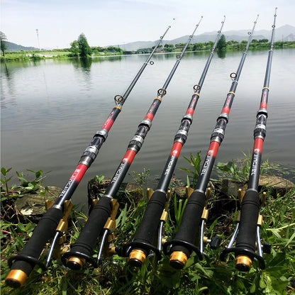 Carbon fiber telescopic fishing rod for sea fishing with metal guide rings